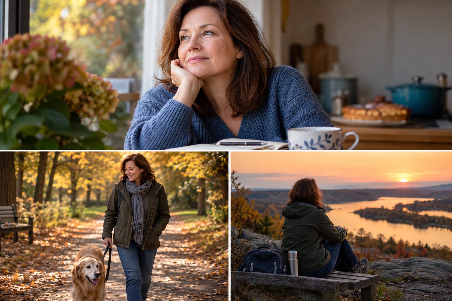 Editorial collage of a woman at home and outdoors, reflecting on everyday activities and meaningful goals.